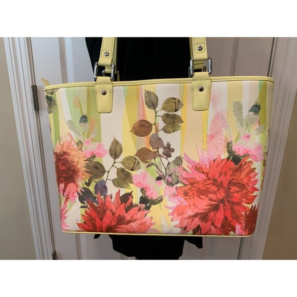 St. John Yellow & Pink Floral Print Leather Large Shoulder Tote Bag - Picture 5 of 10